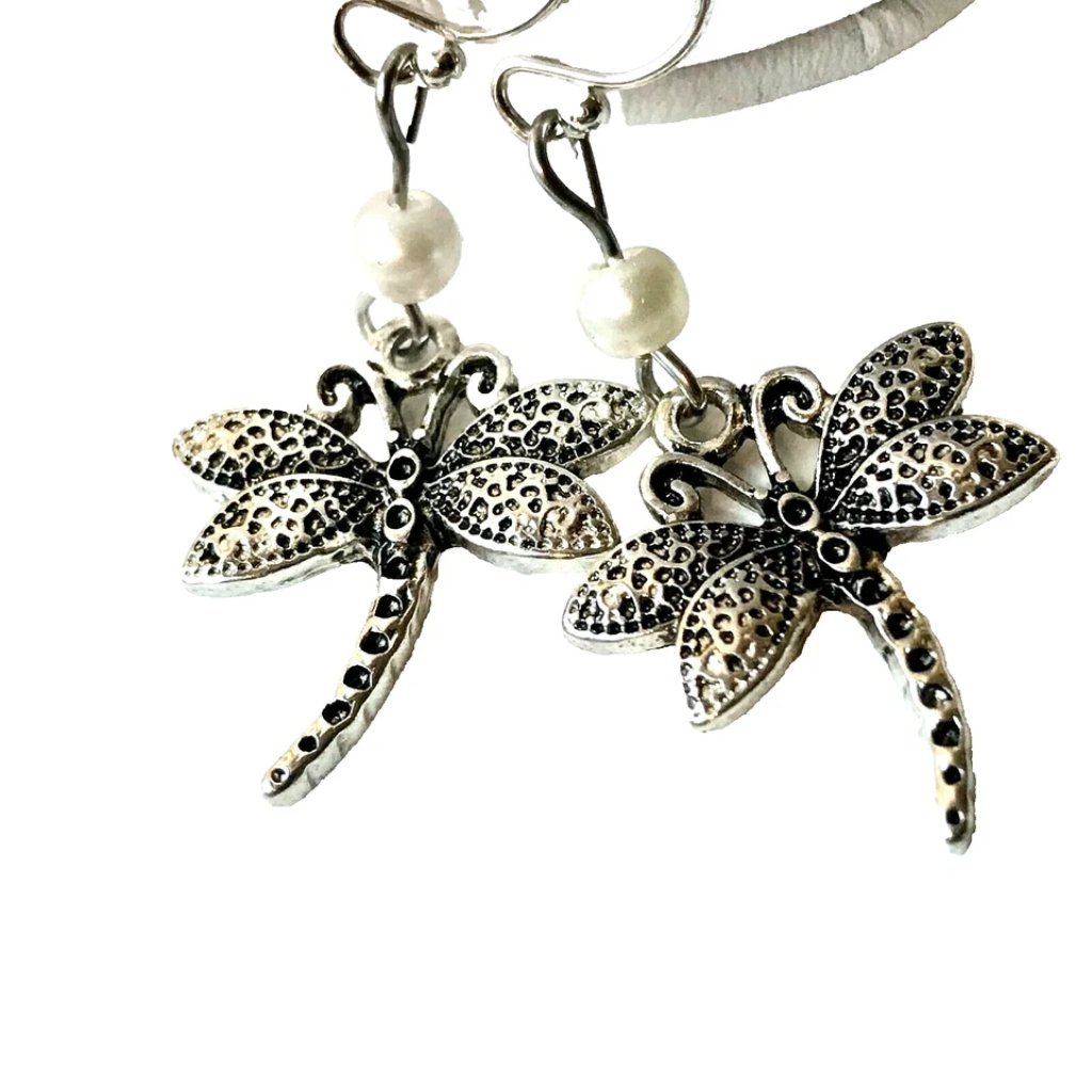 Dragonfly Earrings Silver Plated Pearl Hypo-Allergenic Insect Sensitive Ears